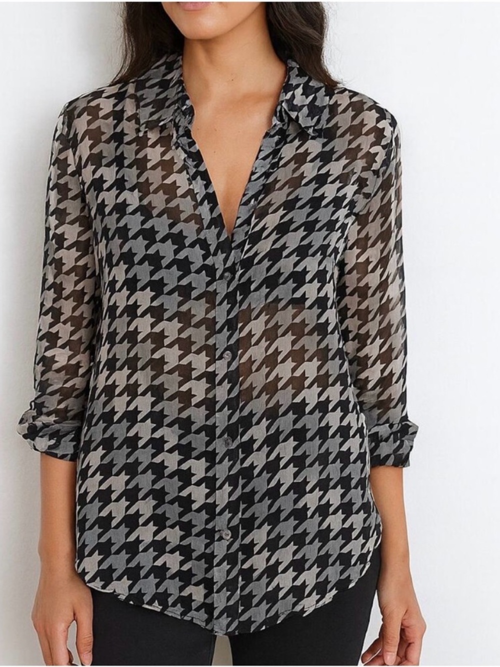 Equipment Femme Black and Gray Houndstooth Sheer Silk Blouse